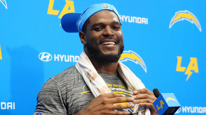 Los Angeles Chargers linebacker Denzel Perryman at press conference during organized team activities at the Hoag Performance Center.