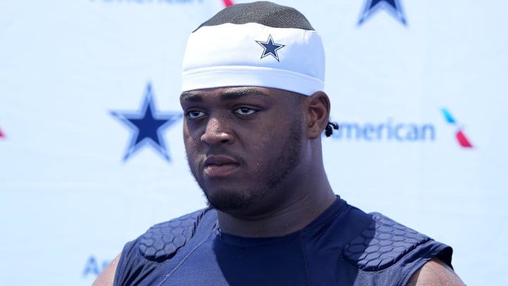 Dallas Cowboys offensive lineman Tyler Smith at training camp press conference at the River Ridge Fields.