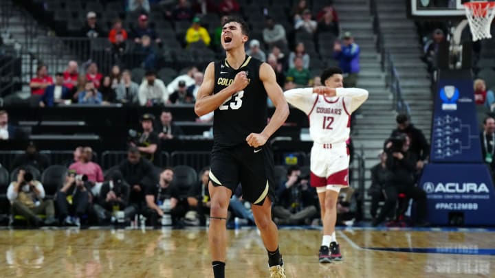 Mar 15, 2024; Las Vegas, NV, USA; Colorado Buffaloes forward Tristan da Silva (23) celebrates in the second half against the Washington State Cougars at T-Mobile Arena. Mandatory Credit: Kirby Lee-USA TODAY Sports
