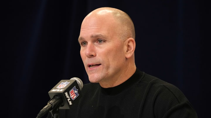 Feb 25, 2025; Indianapolis, IN, USA; Baltimore Ravens general manager Eric DeCosta speaks during the NFL Scouting Combine at the Indiana Convention Center. Mandatory Credit: Kirby Lee-Imagn Images