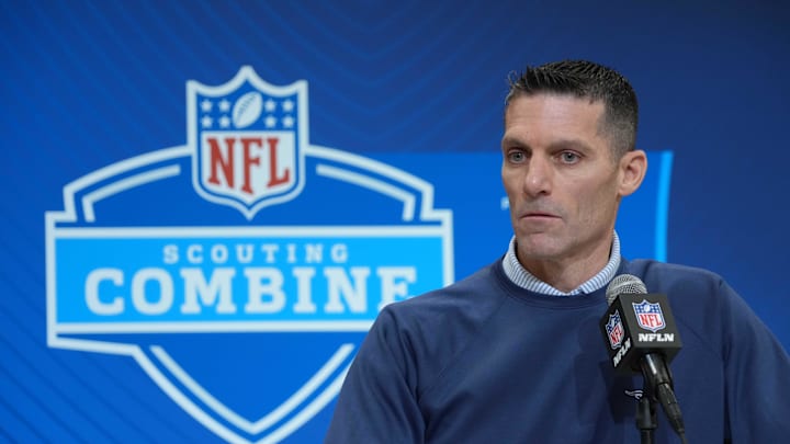 Feb 27, 2025; Indianapolis, IN, USA; Houston Texans general manager Nick Caserio speaks during the 2025 NFL Scouting Combine at the Indiana Convention Center. Mandatory Credit: Kirby Lee-Imagn Images