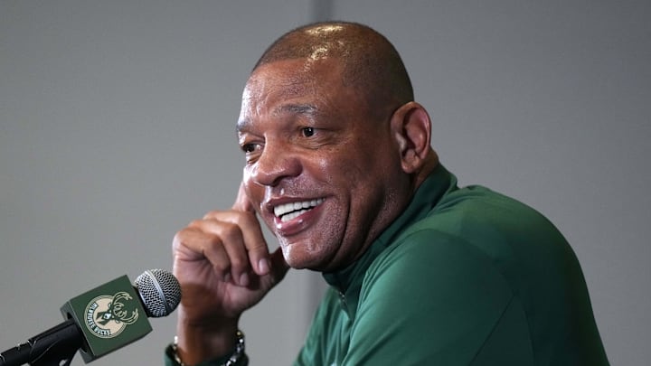 Jan 25, 2025; Inglewood, California, USA; Milwaukee Bucks coach Doc Rivers at a press conference before the game against the Los Angeles Clippers at the Intuit Dome. Mandatory Credit: Kirby Lee-Imagn Images