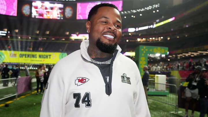 Feb 3, 2025; New Orleans, LA, USA; Kansas City Chiefs offensive tackle Jawaan Taylor (74) during Super Bowl LIX Opening Night at Ceasars Superdome. Mandatory Credit: Kirby Lee-Imagn Images | Kirby Lee-Imagn Images