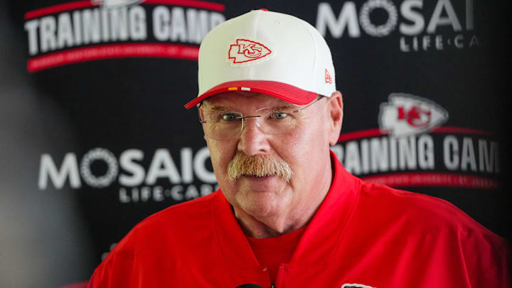 Jul 22, 2025; St. Joseph, MO, USA; Kansas City Chiefs head coach Andy Reid speaks to media after training camp at Missouri Western State University. Mandatory Credit: Denny Medley-Imagn Images