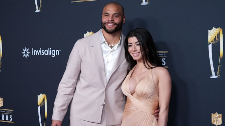 Feb 5, 2026; San Francisco, CA, USA; Dallas Cowboys quarterback Dak Prescott and wife Sarah Jane Ramos pose on the NFL Honors Red Carpet before Super Bowl LX at Palace of Fine Arts.