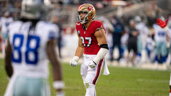 Oct 27, 2024; Santa Clara, California, USA; San Francisco 49ers defensive end Nick Bosa (97) celebrates after the sack of Dallas Cowboys quarterback Dak Prescott (not pictured) during the second quarter at Levi's Stadium. Mandatory Credit: Neville E. Guard-Imagn Images