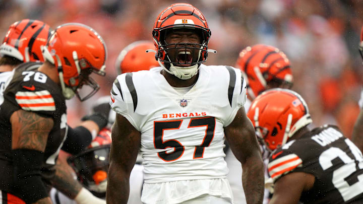 Cincinnati Bengals linebacker Germaine Pratt (57) reacts to a sack in the first quarter of an NFL football game between the Cincinnati Bengals and Cleveland Browns, Sunday, Sept. 10, 2023, at Cleveland Browns Stadium in Cincinnati. Cincinnati Bengals linebacker Germaine Pratt (57) reacts to a sack in the first quarter of an NFL football game between the Cincinnati Bengals and Cleveland Browns, Sunday, Sept. 10, 2023, at Cleveland Browns Stadium in Cincinnati.