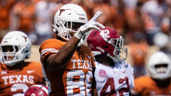 Texas wide receiver Casey Cain (88) celebrates after a run in the second half of the Longhorns game against the Crimson Tide at Royal-Memorial Stadium in Austin on Saturday, Sept. 10, 2022. Alabama won the game 20-19 with a late field goal.