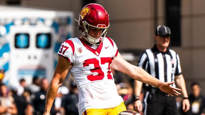 USC punter Eddie Czaplicki punting vs. Colorado Buffaloes in 2023. 