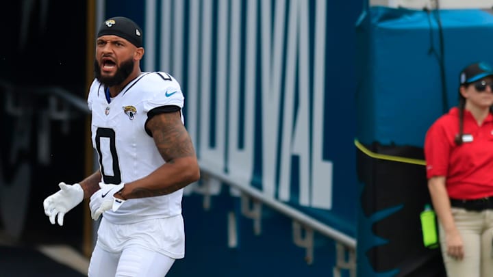 Jacksonville Jaguars wide receiver Gabe Davis (0) is introduced before an NFL football matchup Sunday, Sept. 15, 2024 at EverBank Stadium in Jacksonville, Fla. The Browns defeated the Jaguars 18-13. [Corey Perrine/Florida Times-Union]