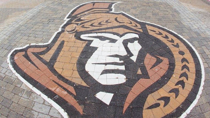 Apr 22, 2015; Ottawa, Ontario, CAN; A general view of the Ottawa Senators logo outside of the Canadian Tire Centre prior to game four of the first round of the 2015 Stanley Cup Playoffs. Mandatory Credit: Jean-Yves Ahern-Imagn Images