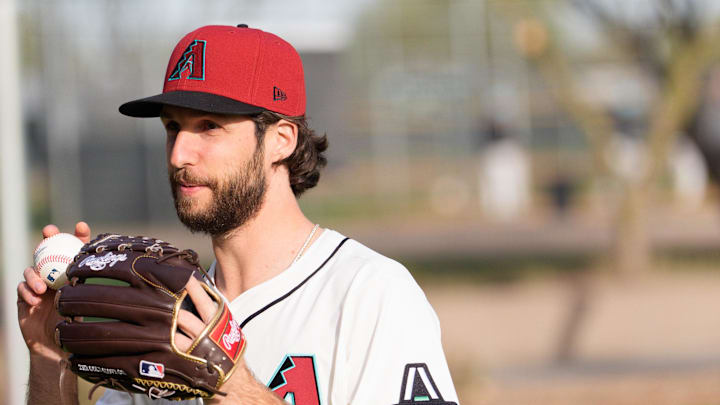 Feb 19, 2025; Scottsdale, AZ, USA; Arizona Diamondbacks pitcher Zac Gallen (23) poses for a portrait for MLB Media Day at Salt River Fields.  Mandatory Credit: Allan Henry-Imagn Images