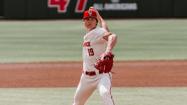 Right-handed pitcher Heath Andrews throws a pitch in No. 10 NC State's 5-1 victory over Boston College on Sunday, March 15, 2026.