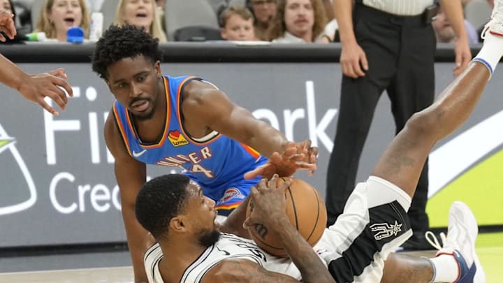 Oct 7, 2024; San Antonio, Texas, USA; San Antonio Spurs guard Blake Wesley (14) holds on to the ball while defended by Oklahoma City Thunder guard Adam Flagler (14) during the second half at Frost Bank Center. Mandatory Credit: Scott Wachter-Imagn Images Oct 7, 2024; San Antonio, Texas, USA; San Antonio Spurs guard Blake Wesley (14) holds on to the ball while defended by Oklahoma City Thunder guard Adam Flagler (14) during the second half at Frost Bank Center. Mandatory Credit: Scott Wachter-Imagn Images