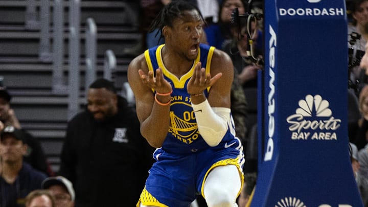 Feb 28, 2023; San Francisco, California, USA; Golden State Warriors forward Jonathan Kuminga (00) reacts as he is called for a foul during the fourth quarter against the Portland Trail Blazers at Chase Center. Mandatory Credit: D. Ross Cameron-Imagn Images