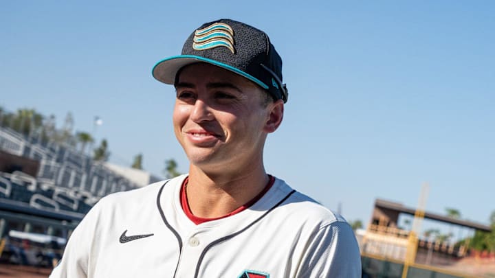 Second baseman, Tommy Troy speaks to a vendor at Arizona Fall League media day at Scottsdale Stadium on Oct. 4, 2024, in Scottsdale, Arizona. Second baseman, Tommy Troy speaks to a vendor at Arizona Fall League media day at Scottsdale Stadium on Oct. 4, 2024, in Scottsdale, Arizona.