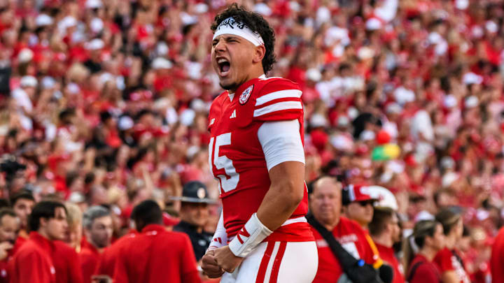 Quarterback Dylan Raiola shouts toward the Memorial Stadium crowd before kickoff against Colorado. Quarterback Dylan Raiola shouts toward the Memorial Stadium crowd before kickoff against Colorado.