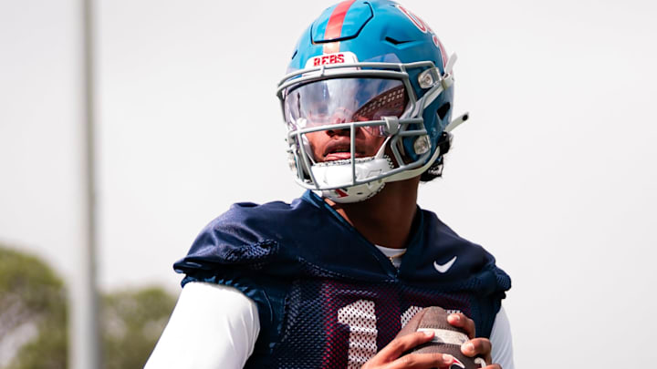 Ole Miss Rebels quarterback Austin Simmons in spring practice. Ole Miss Rebels quarterback Austin Simmons in spring practice.
