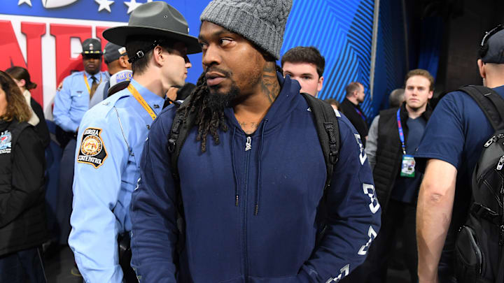 Feb 3, 2019; Atlanta, GA, USA; Oakland Raiders running back Marshawn Lynch on the sidelines before Super Bowl LIII between the New England Patriots and the Los Angeles Rams at Mercedes-Benz Stadium.