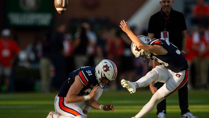 Auburn Tigers kicker Alex McPherson (38) warms up before Auburn Tigers take on Mississippi Rebels at Jordan-Hare Stadium in Auburn, Ala., on Saturday, Oct. 21, 2023.