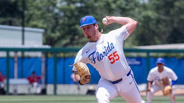 Gators Philip Abner (55)\ throws a pitch during the top of the seventh inning against the Red Raiders in a win-all elimination game of the NCAA Regionals, Monday, June 5, 2023, at Condron Family Ballpark in Gainesville, Florida. Florida beat Texas Tech 6-0 and advances to Super Regionals. [Cyndi Chambers/ Gainesville Sun] 2023