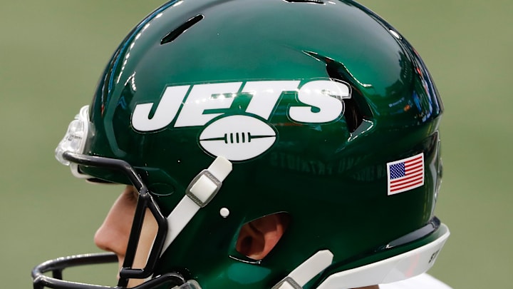 Jan 3, 2021; Foxborough, Massachusetts, USA; The New York Jets logo is seen on a helmet during the first half of their game against the New England Patriots at Gillette Stadium. Mandatory Credit: Winslow Townson-Imagn Images