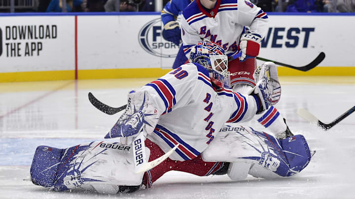Jan 11, 2020; St. Louis, Missouri, USA;  New York Rangers goaltender Henrik Lundqvist (30) defends the net during the second period against the St. Louis Blues at Enterprise Center. Mandatory Credit: Jeff Curry-Imagn Images