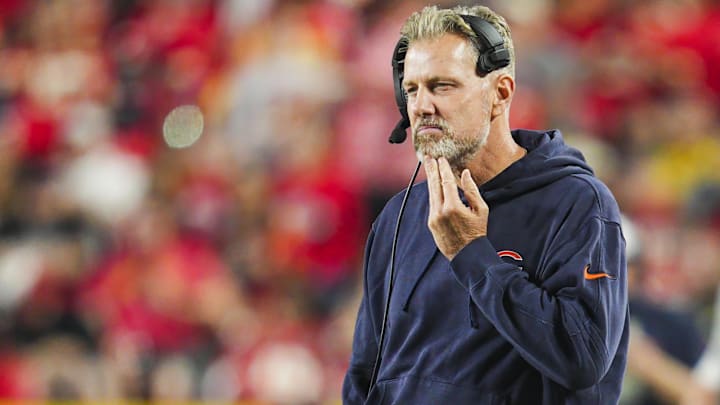 Chicago Bears head coach Matt Eberflus at GEHA Field at Arrowhead Stadium.