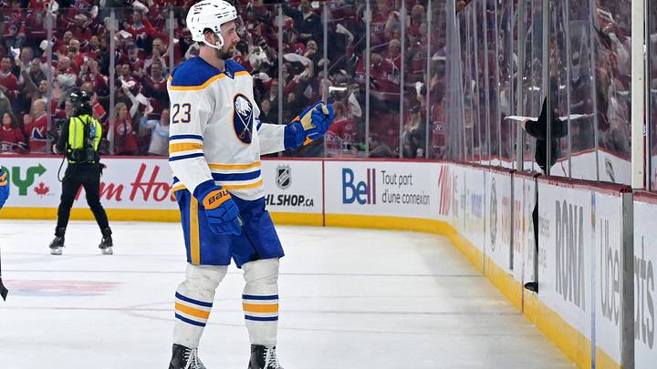 Buffalo Sabres defenseman Mattias Samuelsson (23) makes a hand gesture towards Montreal Canadiens fans after the loss in game three of the second round of the 2026 Stanley Cup Playoffs at the Bell Centre. Mandatory Credit: Eric Bolte-Imagn Images