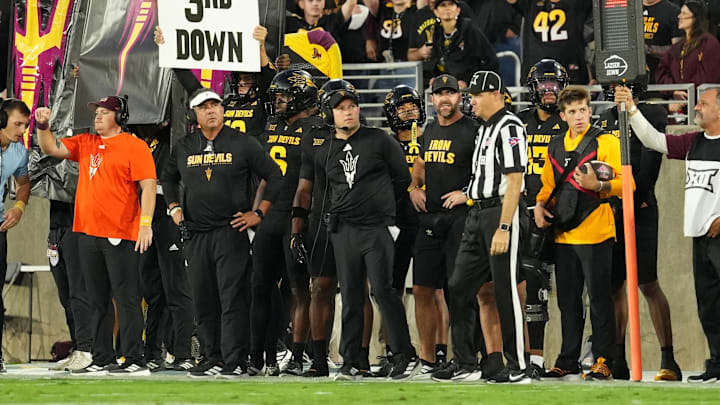 Sep 26, 2025; Tempe, Arizona, USA; Arizona State Sun Devils head coach Kenny Dillingham looks on from the sideline against TCU Horned Frogs in the first half at Mountain America Stadium, Home of the ASU Sun Devils. Mandatory Credit: Jacob Reiner-Imagn Images