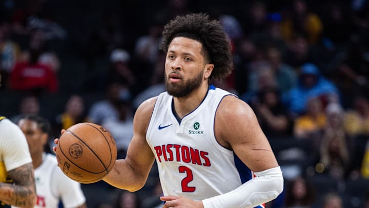 Apr 12, 2026; Indianapolis, Indiana, USA;  Detroit Pistons guard Cade Cunningham (2) dribbles the ball in the second half against the Indiana Pacers at Gainbridge Fieldhouse. Mandatory Credit: Trevor Ruszkowski-Imagn Images