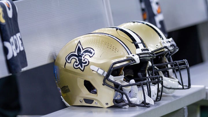 Aug 13, 2023; New Orleans, Louisiana, USA; Detailed view of New Orleans Saints helmets on the bench during the game against the Kansas City Chiefs during the second half at the Caesars Superdome. Mandatory Credit: Stephen Lew-Imagn Images
