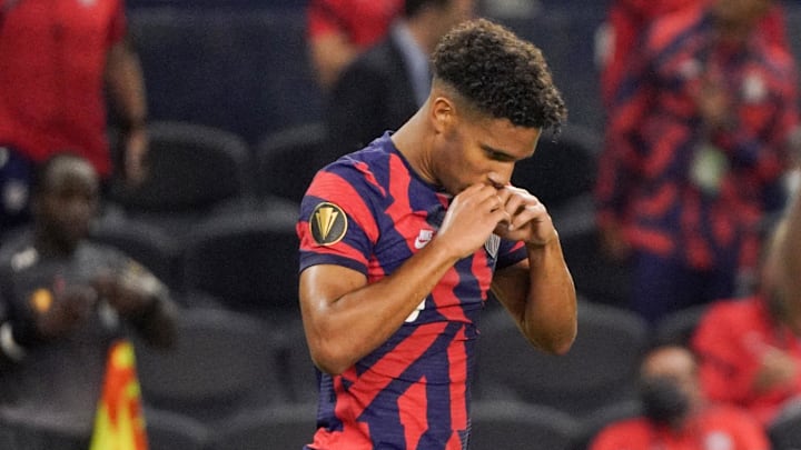 Jul 15, 2021; Kansas City, Kansas, USA; United States forward Nicholas Gioacchini (8) celebrates
