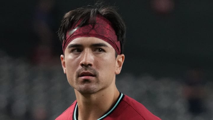Sep 3, 2025; Phoenix, Arizona, USA; Arizona Diamondbacks outfielder Corbin Carroll (7) reacts to a foul ball against the Texas Rangers in the sixth inning at Chase Field. Mandatory Credit: Rick Scuteri-Imagn Images