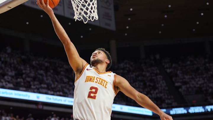 Iowa State Cyclones forward Joshua Jefferson (2) goes for a layup the ball against Kansas State during the first half in the Big-12 men’s basketball showdown at Hilton Coliseum on Feb 1, 2025 in Ames, Iowa.