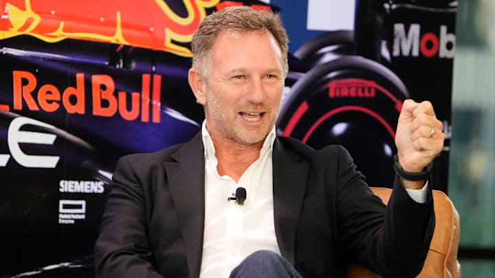 Christian Horner, Team Principal of Oracle Red Bull Racing, speaks at the Red Bull Fan Zone, a