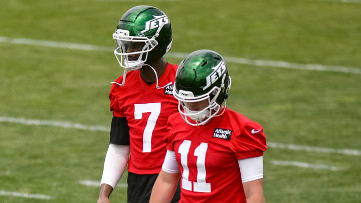New York Jets quarterback Geno Smith (7) and quarterback Bailey Zappe (11) participate in a drill during minicamp at Atlantic Health Jets Training Center.