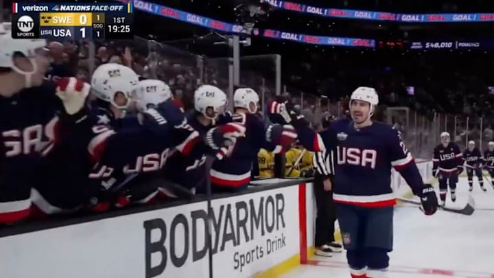 Team USA's Chris Kreider high fives his teammates after scoring a goal in 4 Nations vs. Sweden. Team USA's Chris Kreider high fives his teammates after scoring a goal in 4 Nations vs. Sweden.