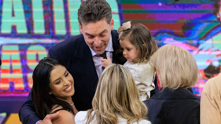 March 7, 2023: Pau Gasol embraces Vanessa Bryant during his jersey retirement ceremony at halftime in the NBA.