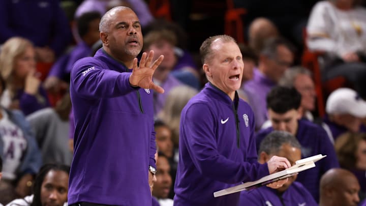 Jan 10, 2026; Tempe, Arizona, USA; Kansas State Wildcats head coach Jerome Tang (left) with assistant coach Matthew Driscoll against the Arizona State Sun Devils at Desert Financial Arena. Mandatory Credit: Mark J. Rebilas-Imagn Images Jan 10, 2026; Tempe, Arizona, USA; Kansas State Wildcats head coach Jerome Tang (left) with assistant coach Matthew Driscoll against the Arizona State Sun Devils at Desert Financial Arena. Mandatory Credit: Mark J. Rebilas-Imagn Images