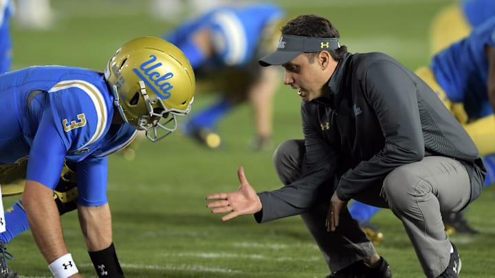 Nov 24, 2017; Pasadena, CA, USA; UCLA Bruins interim coach Jedd Fisch (right) talks with quarterback Josh Rosen (3) during an NCAA football game against the California Golden Bears at Rose Bowl. Mandatory Credit: Kirby Lee-Imagn Images