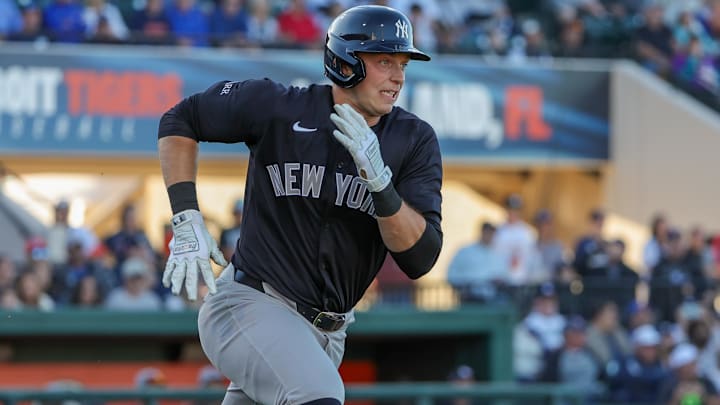 Mar 21, 2025; Lakeland, Florida, USA; New York Yankees first baseman Ben Rice (93) runs to first during the third inning against the Detroit Tigers at Publix Field at Joker Marchant Stadium.