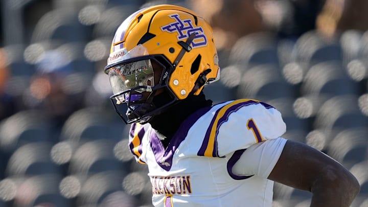 Dec 6, 2024; Birmingham, AL, USA; Jackson's Landon Duckworth (1) looks to the sidelines for a play during the game with Cherokee County at Protective Stadium in the AHSAA 4A State Championship game.