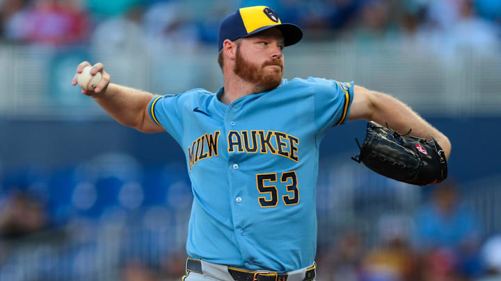 Apr 18, 2026; Miami, Florida, USA; Milwaukee Brewers starting pitcher Brandon Woodruff (53) delivers a pitch against the Miami Marlins during the fourth inning at loanDepot Park. Mandatory Credit: Sam Navarro-Imagn Images