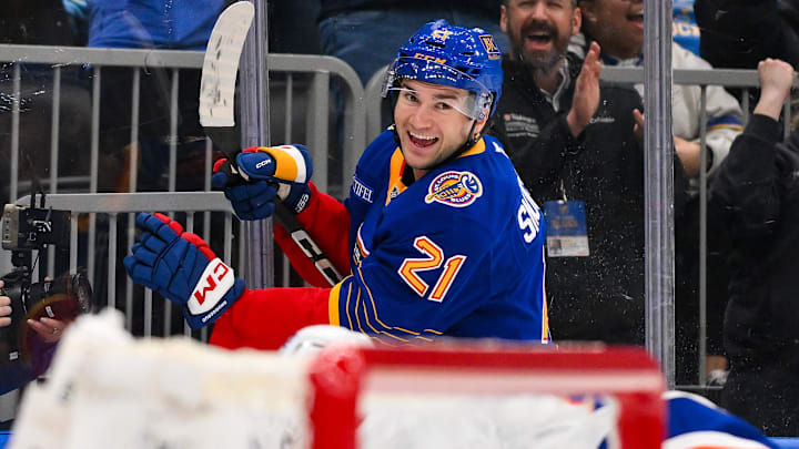 Mar 10, 2026; St. Louis, Missouri, USA; St. Louis Blues right wing Jimmy Snuggerud (21) reacts after scoring against the New York Islanders during the second period at Enterprise Center. Mandatory Credit: Jeff Curry-Imagn Images