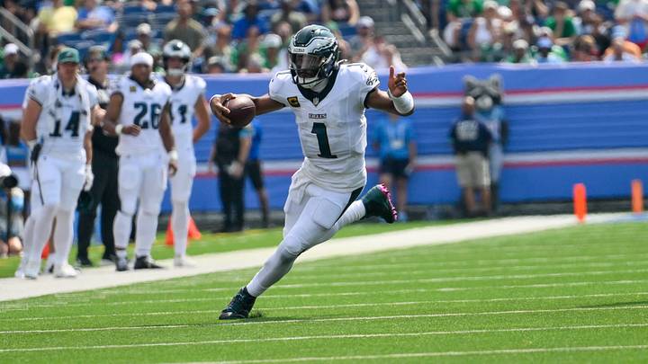 Philadelphia Eagles quarterback Jalen Hurts (1) scrambles against the Tennessee Titans during the first half at Nissan Stadium. Mandatory Credit: Steve Roberts-Imagn Images Philadelphia Eagles quarterback Jalen Hurts (1) scrambles against the Tennessee Titans during the first half at Nissan Stadium. Mandatory Credit: Steve Roberts-Imagn Images