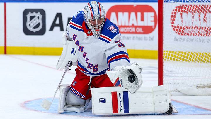 Apr 15, 2026; Tampa, Florida, USA; New York Rangers goaltender Dylan Garand (33) makes a save against the Tampa Bay Lightning in the third period at Benchmark International Arena. Mandatory Credit: Nathan Ray Seebeck-Imagn Images Apr 15, 2026; Tampa, Florida, USA; New York Rangers goaltender Dylan Garand (33) makes a save against the Tampa Bay Lightning in the third period at Benchmark International Arena. Mandatory Credit: Nathan Ray Seebeck-Imagn Images