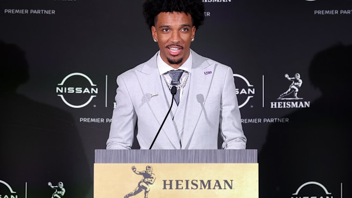 Dec 9, 2023; New York, New York, USA; LSU Tigers quarterback Jayden Daniels speaks to the media