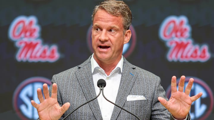 Jul 14, 2025; Atlanta, GA, USA; Ole Miss Rebels head coach Lane Kiffin speaks to the media during SEC Media Day at Omni Atlanta Hotel. Mandatory Credit: Jordan Godfree-Imagn Images