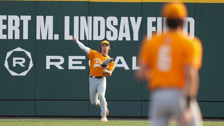 Tennessee outfielder Reese Chapman (13) throws the ball during a NCAA regional baseball game between the Tennessee Volunteers and Cincinnati Bearcats at Lindsey Nelson Stadium in Knoxville, Tenn., on May 31, 2025.